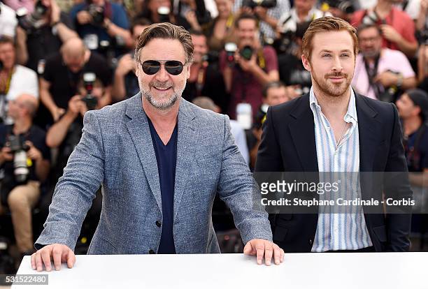 Actors Russell Crowe and Ryan Gosling attend "The Nice Guys" photocall during the 69th annual Cannes Film Festival at the Palais des Festivals on May...