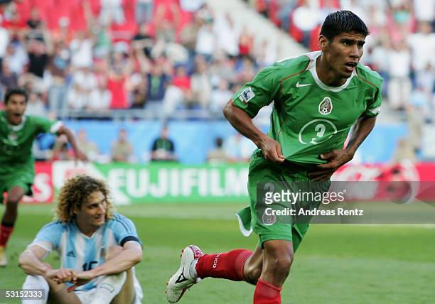 Carlos Salcido of Mexico celebrates after the first goal during the FIFA Confederations Cup 2005 Semi Final match between Mexico and Argentina at the...