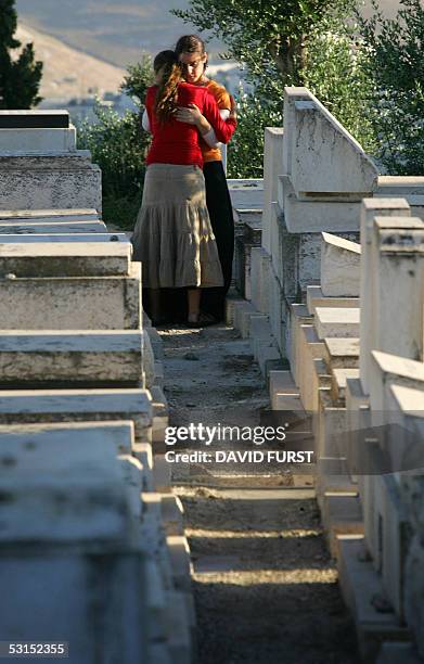 Friends of Avichai Levi from the southern West Bank Settlement of Beit Hagay, comfort one another moments after his funeral procession at the Mount...