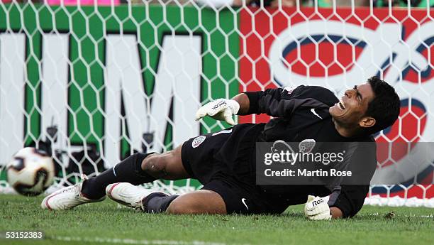 Oswaldo Sanchez, goalkeeper of Mexico, reacts after losing the FIFA Confederations Cup 2005 Semi Final match between Mexico and Argentina at the...