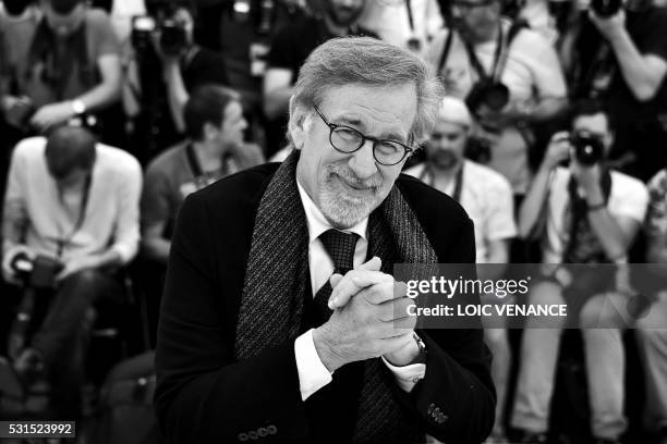 Director Steven Spielberg poses on May 14, 2016 during a photocall for the film "The BFG" at the 69th Cannes Film Festival in Cannes, southern France.