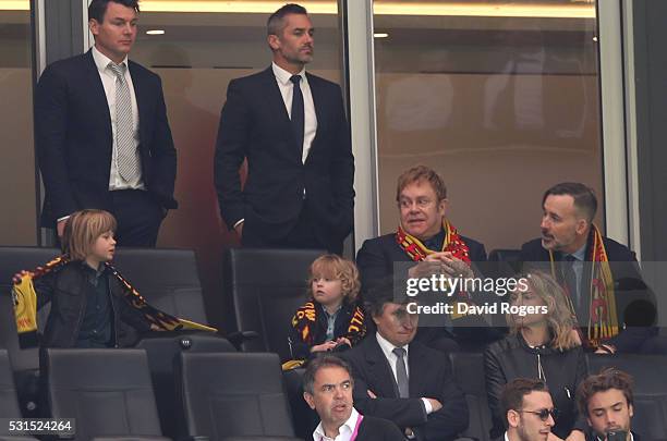 Sir Elton John is seen on the stand prior to the Barclays Premier League match between Watford and Sunderland at Vicarage Road on May 15, 2016 in...