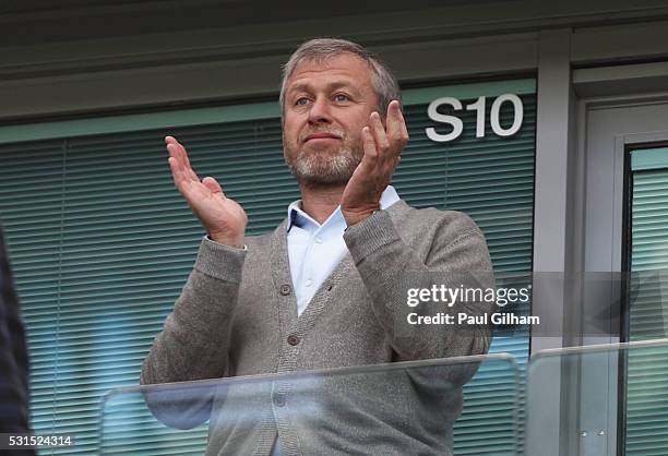 Chelsea owner Roman Abramovich is seen prior to the Barclays Premier League match between Chelsea and Leicester City at Stamford Bridge on May 15,...