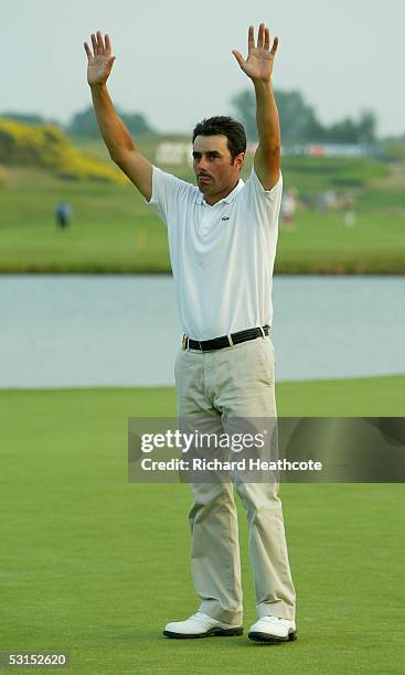 Jean Van De Velde of France waves to the crowd after losing the play off for the final round of the Open de France at Le Golf National on June 26,...