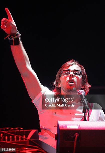 Basement Jaxx performs on the third and final day of the Glastonbury Music Festival 2005 at Worthy Farm, Pilton on June 26, 2005 in Somerset, England.