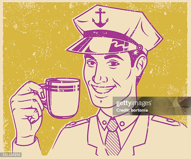 retro screen print sailor drinking coffee - man drinking tea stock illustrations