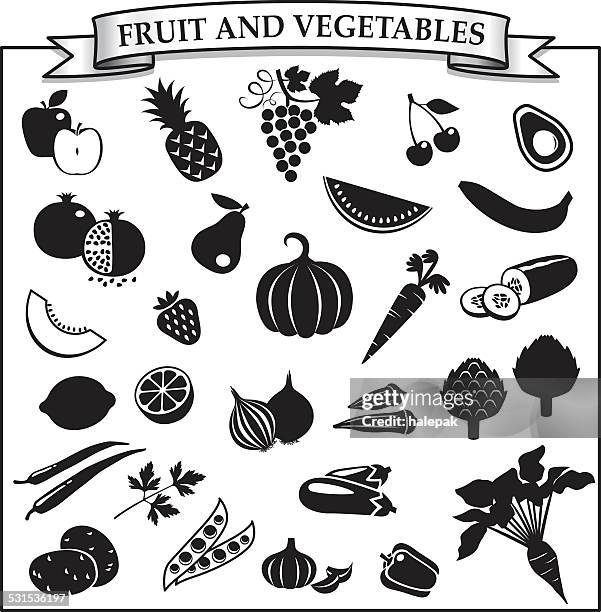 fruit and vegetables silhouette-icon set - okra stock illustrations
