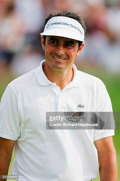 Jean Van De Velde of France reacts to a putt on the 6th green during the final round of the Open de France at Le Golf National on June 26, 2005 in St...