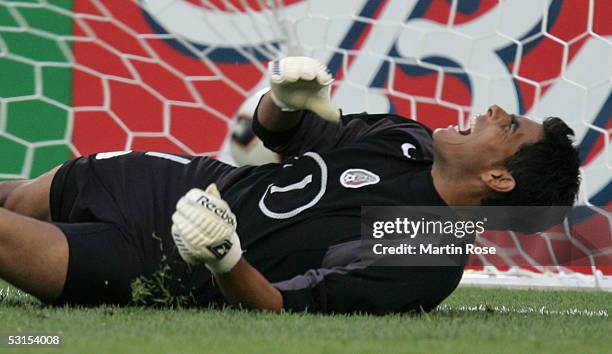 Oswaldo Sanchez goalkeeper of Mexico looks dejected after losing the FIFA Confederations Cup 2005 Semi Final match between Mexico and Argentina at...