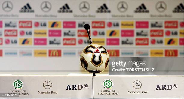 Germany: A football is seen behind a microphone prior a press conference of the German national football team at the headquarters of German...