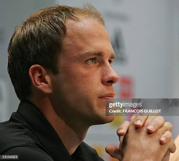 German midfielder Fabian Ernst gives a press conference, 27 June 2005 at the Leipzig railway station, two days before the Confederations cup 3rd...