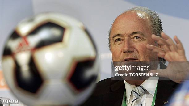 Germany: FIFA President Joseph Blatter gestures as he gives a press conference in Frankfurt 27 June 2005 to present a statistical wrap-up after the...