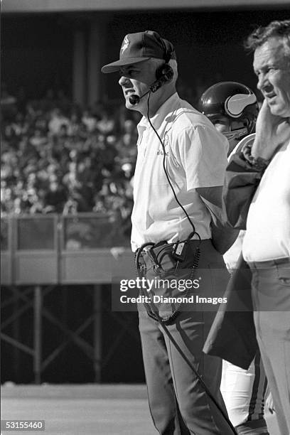 Head Coach Bud Grant, of the Minnesota Vikings, on the sidelines on December 2, 1973 against the Cincinnati Bengals at Riverfront Stadium in...