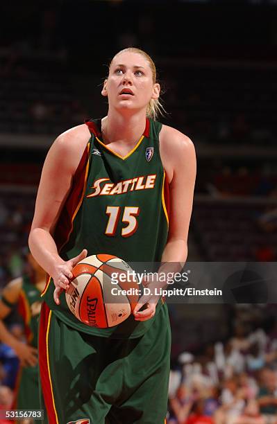 Lauren Jackson of the Seattle Storm shoots a free throw against the Detroit Shock during the game on June 6, 2005 at the Palace of Auburn Hills in...