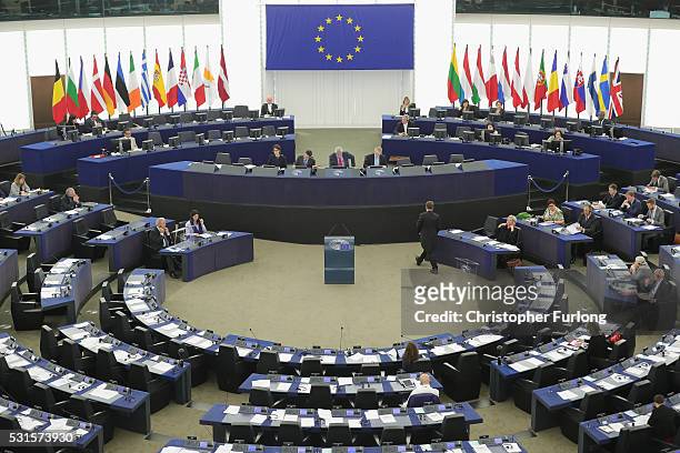 General view inside the European Parliament on May 11, 2016 in Strasbourg, France. The United Kingdom will hold a referendum on June 23, 2016 to...