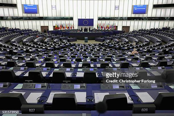 General view of the inside the European Parliament on May 12, 2016 in Strasbourg, France. The United Kingdom will hold a referendum on June 23, 2016...