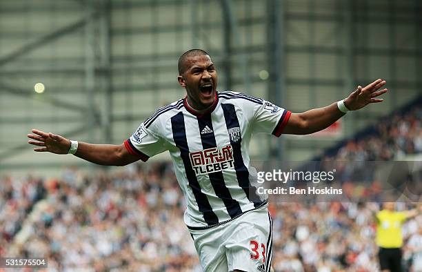 Salomon Rondon of West Bromwich Albion celebrates scoring his team's first goal during the Barclays Premier League match between West Bromwich Albion...