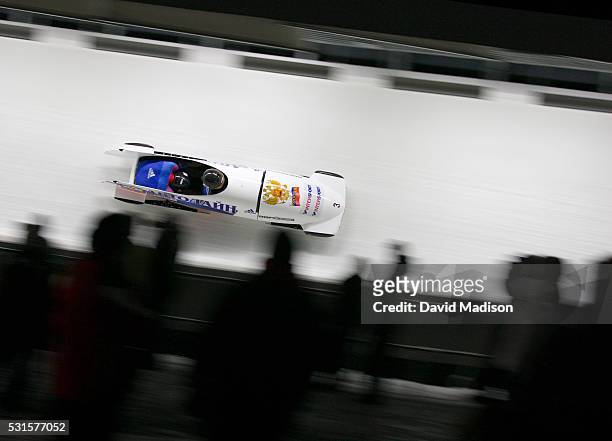 Alexander Zubkov of Russia pilots his two man bobsled during the FIBT World Cup on February 6, 2009 at the Whistler Sliding Center in Whistler,...