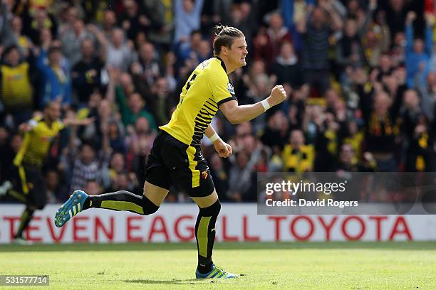 Sebastian Prodl of Watford celebrates scoring his team's first goal during the Barclays Premier League match between Watford and Sunderland at...