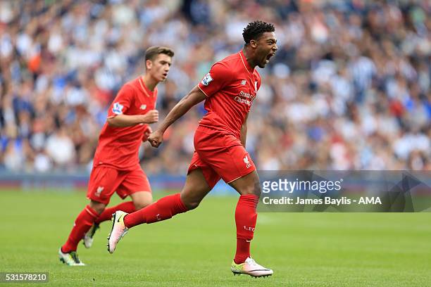 Jordon Ibe of Liverpool celebrates scoring a goal to mke the score 1-1 during the Barclays Premier League match between West Bromwich Albion and...