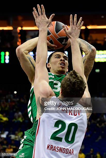 Krasnodar's Andrey Zubkov tries to block Laboral's Mike James during the basketball match for third place Lokomotiv Kuban Krasnodar vs Laboral Kutxa...