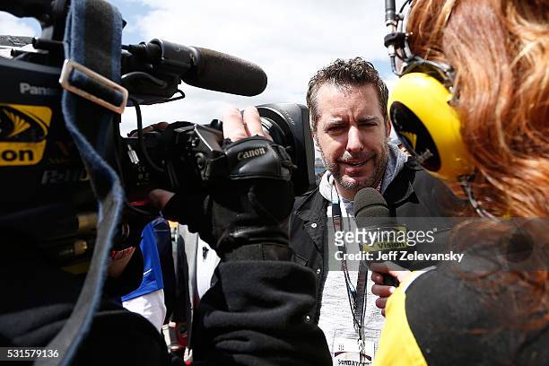 Actor and comedian, Jason Jones, speaks to the media before the NASCAR Sprint Cup Series AAA 400 Drive for Autism at Dover International Speedway on...