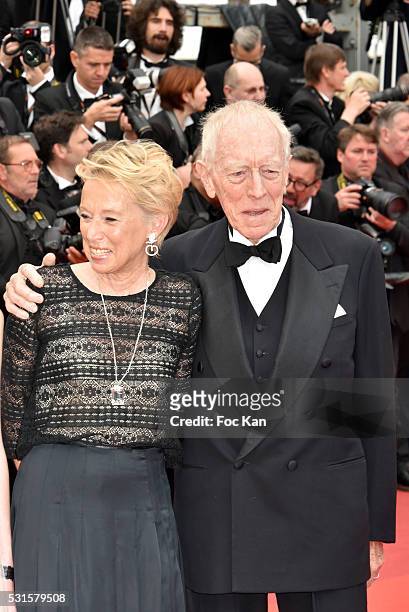 Max Von Sydow and Catherine Brelet attend 'The BFG ' premiere during the 69th annual Cannes Film Festival at the Palais des Festivals on May 14, 2016...