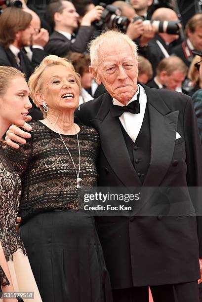 Max Von Sydow and Catherine Brelet attend 'The BFG ' premiere during the 69th annual Cannes Film Festival at the Palais des Festivals on May 14, 2016...