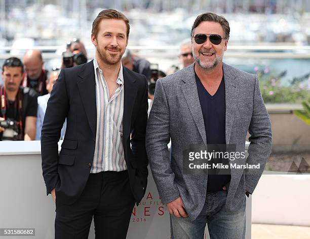 Russell Crowe and Ryan Gosling attend 'The Nice Guys ' - Photocall at the annual 69th Cannes Film Festival at Palais des Festivals on May 15, 2016 in...