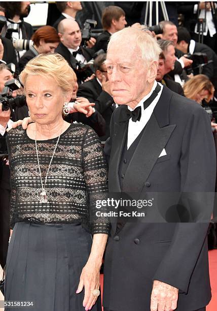 Max Von Sydow and Catherine Brelet attend 'The BFG ' premiere during the 69th annual Cannes Film Festival at the Palais des Festivals on May 14, 2016...