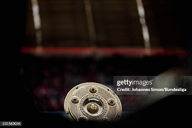 The German Championship trophy is displayed prior to the awarding ceremony after the Bundesliga match between FC Bayern Muenchen and Hannover 96 at...