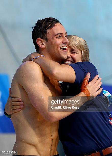Tom Daley of Great Britain celebrates with Coach Jane Figueiredo after winning the Men's 10m Platform Final on day seven of the 33rd LEN European...