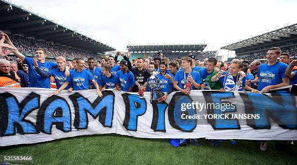 Club Brugge's players celebrate after winning for the first time in 11 years the Belgian soccer championship Jupiler Pro League match between Club...