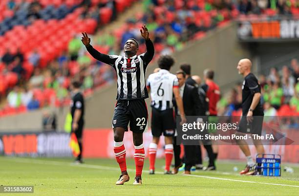 Aristote Nsiala of Grimsby Town celebrates his sides second goal during the Vanarama Football Conference League: Play Off Final match between Forest...