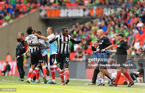 Aristote Nsiala of Grimsby Town celebrates his sides second goal during the Vanarama Football Conference League: Play Off Final match between Forest...