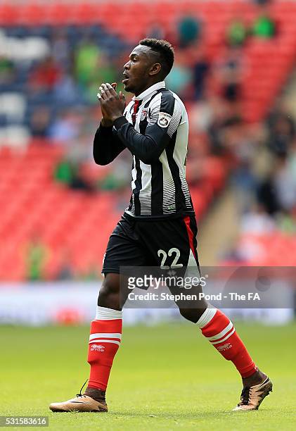 Aristote Nsiala of Grimsby Town celebrates his sides second goal during the Vanarama Football Conference League: Play Off Final match between Forest...