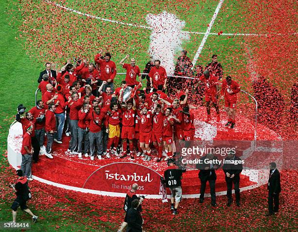 Liverpool captain Steven Gerrard lifts the European Cup after Liverpool won the European Champions League final between Liverpool and AC Milan on May...