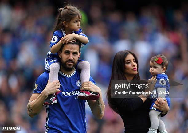 Cesc Fabregas of Chelsea with wife Daniella Semaan and children Lia and Capri after the Barclays Premier League match between Chelsea and Leicester...