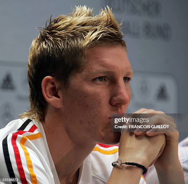 German forward Bastian Schweinsteiger gives a press conference, 28 June 2005 at the Leipzig railway station, on the eve of the Confederations cup 3rd...