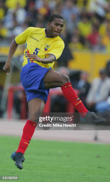 Luis Antonio Valencia of Ecuador shoots during the FIFA World Cup qualifying match between Ecuador and Argentina at the Atahualpa Olympic Stadium on...
