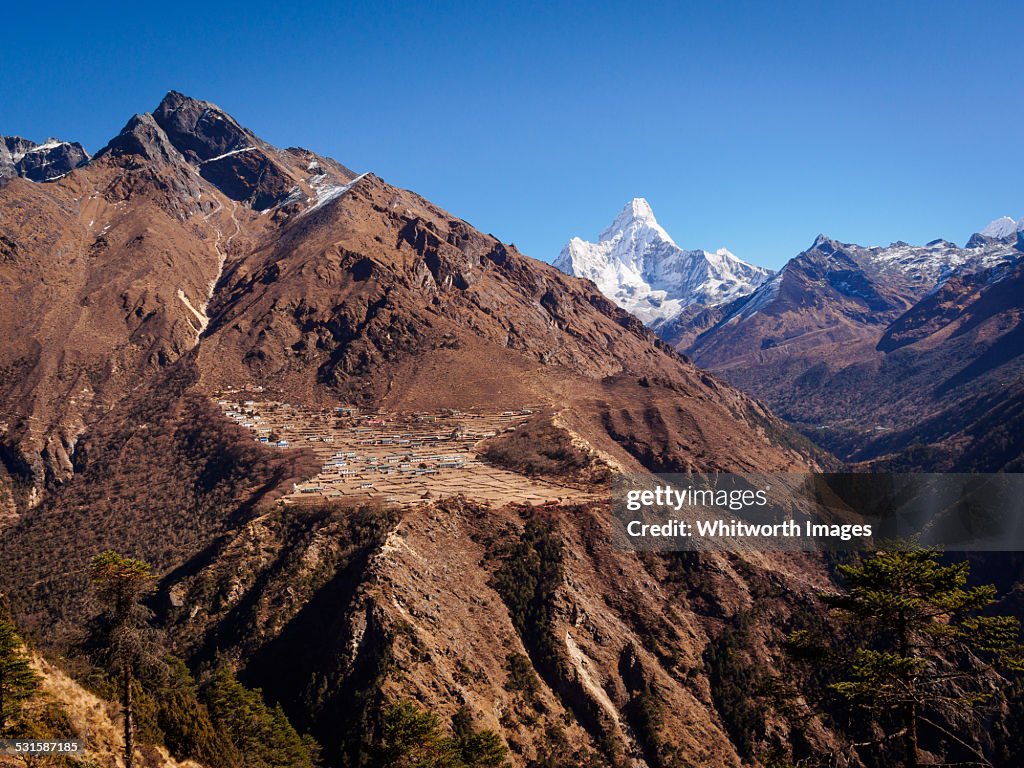 View across valley to Sherpa village of Phortse