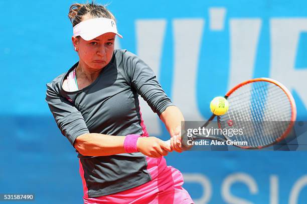 Barbora Krejcikova of Czech Republic returns the ball to Jia-Jing Lu of China during Day Two of the Nuernberger Versicherungscup 2016 on May 15, 2016...