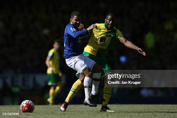 Aaron Lennon of Everton and Sebastien Bassong of Norwich City compete for the ball during the Barclays Premier League match between Everton and...