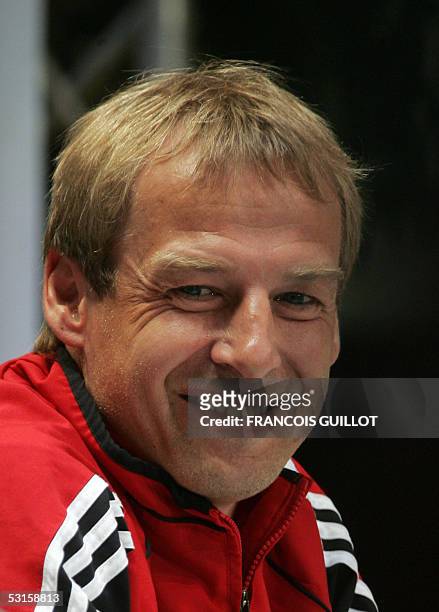 German national trainer Juergen Klinsmann giveS a press conference, 28 June 2005 at the Leipzig railway station, on the eve of the Confederations cup...