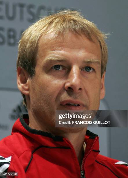 German national trainer Juergen Klinsmann giveS a press conference, 28 June 2005 at the Leipzig railway station, on the eve of the Confederations cup...