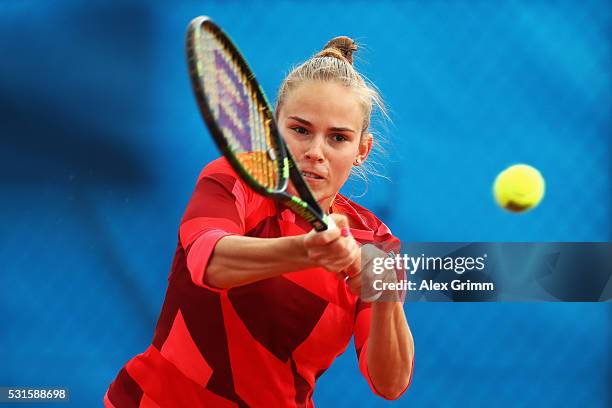 Olga Fridman of Ukraine returns the ball to Ipek Soylu of Turkey during Day Two of the Nuernberger Versicherungscup 2016 on May 15, 2016 in...