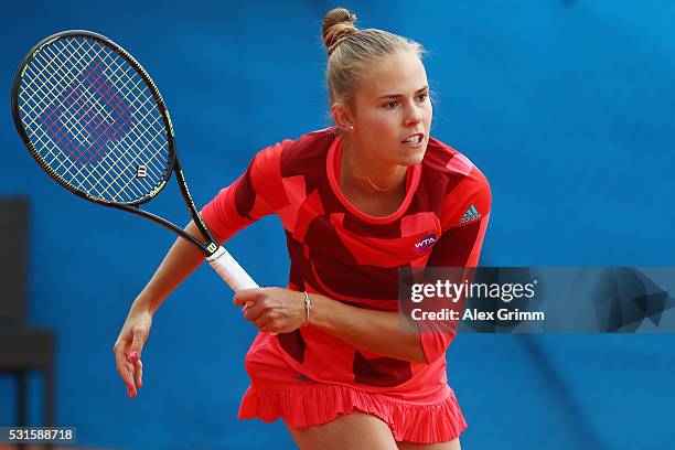 Olga Fridman of Ukraine returns the ball to Ipek Soylu of Turkey during Day Two of the Nuernberger Versicherungscup 2016 on May 15, 2016 in...