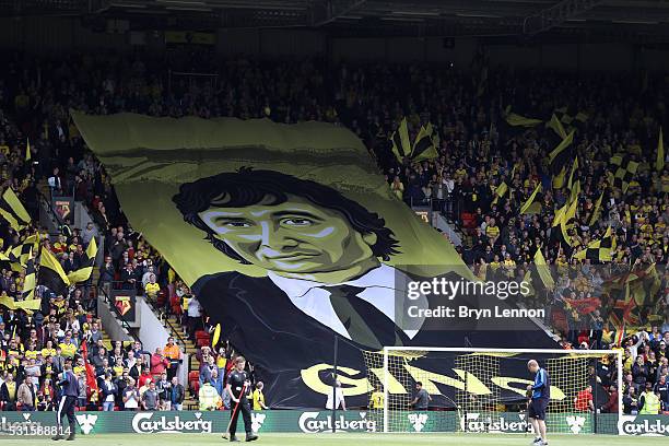 Watford fans display a banner with an image of owner Gino Pozzo during the Barclays Premier League match between Watford and Sunderland at Vicarage...