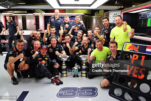 Max Verstappen of Netherlands and Red Bull Racing celebrates his first F1 win with his team in the garage during the Spanish Formula One Grand Prix...