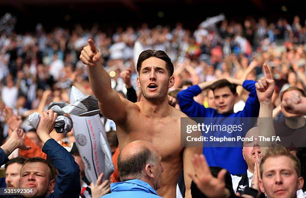 Grimsby Town fans celebrate victory during the Vanarama Football Conference League: Play Off Final match between Forest Green Rovers and Grimsby Town...